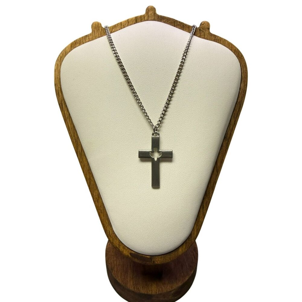 Pewter Cross Pendant With Dove Cutout On 24 Inch Chain Necklace